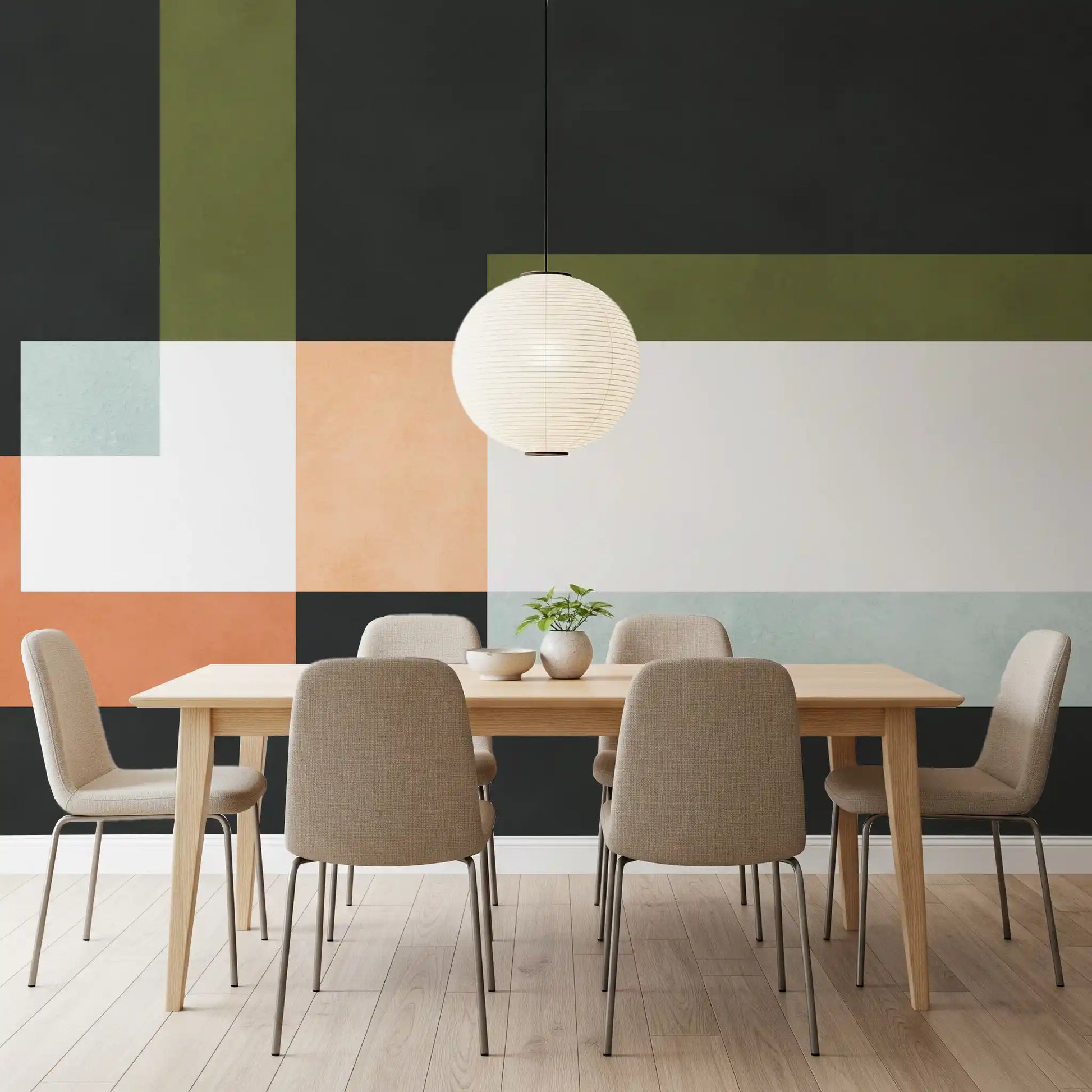 Wall mural with overlapping blocks in black, peach, beige, and blue