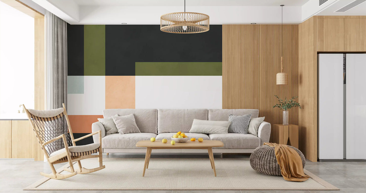 Abstract wall mural with sage accents, pale blue bands, and white blocks