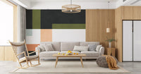 Abstract wall mural with sage accents, pale blue bands, and white blocks