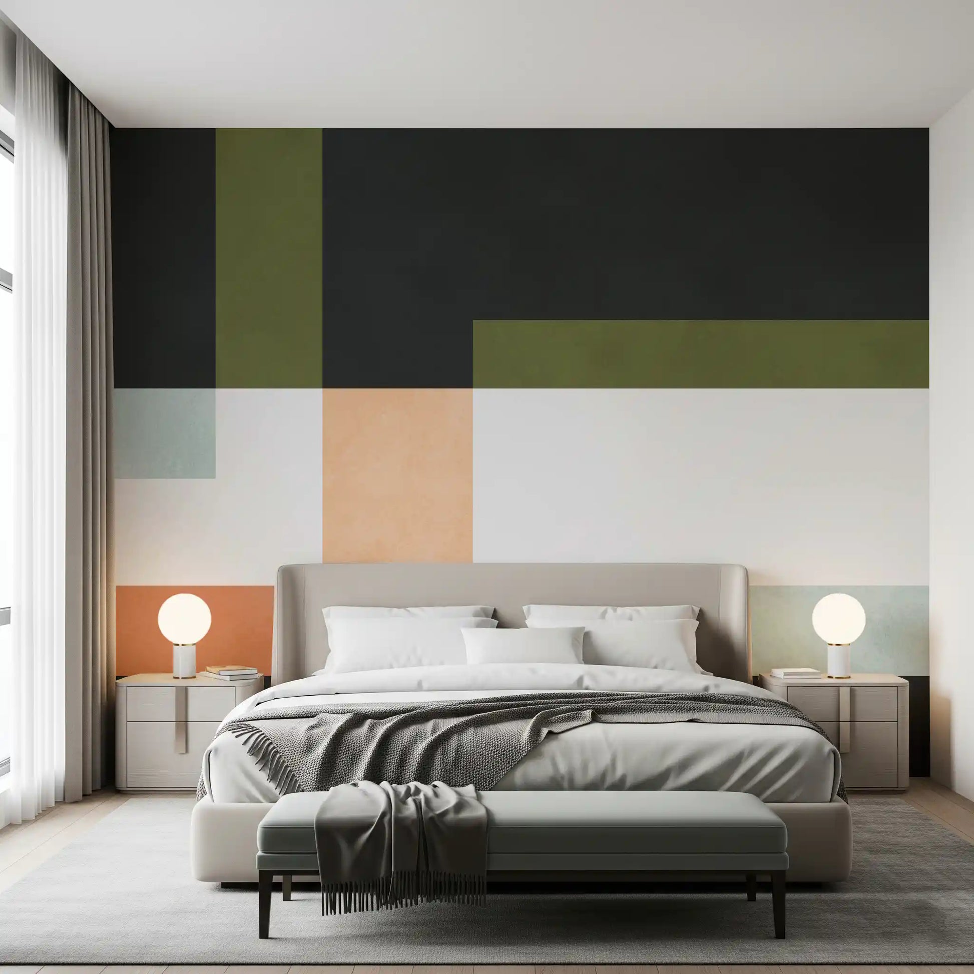 Modern geometric wall mural showing layered rectangles and clean spacing