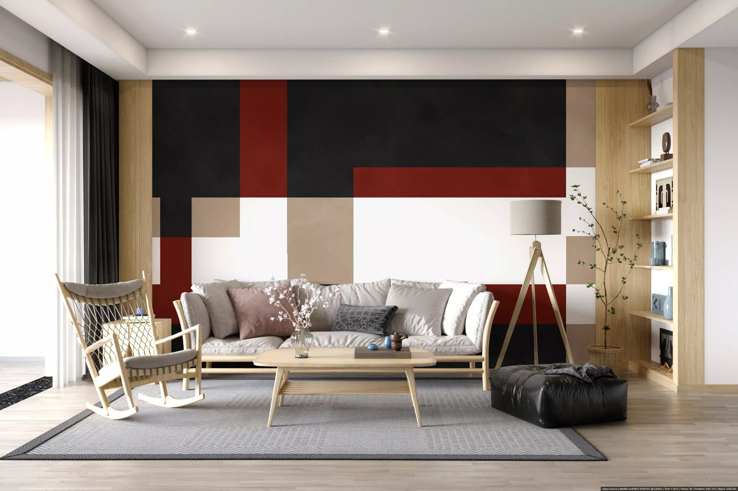 Living room Bold Block Fusion Wall Mural with beige blocks and white bands