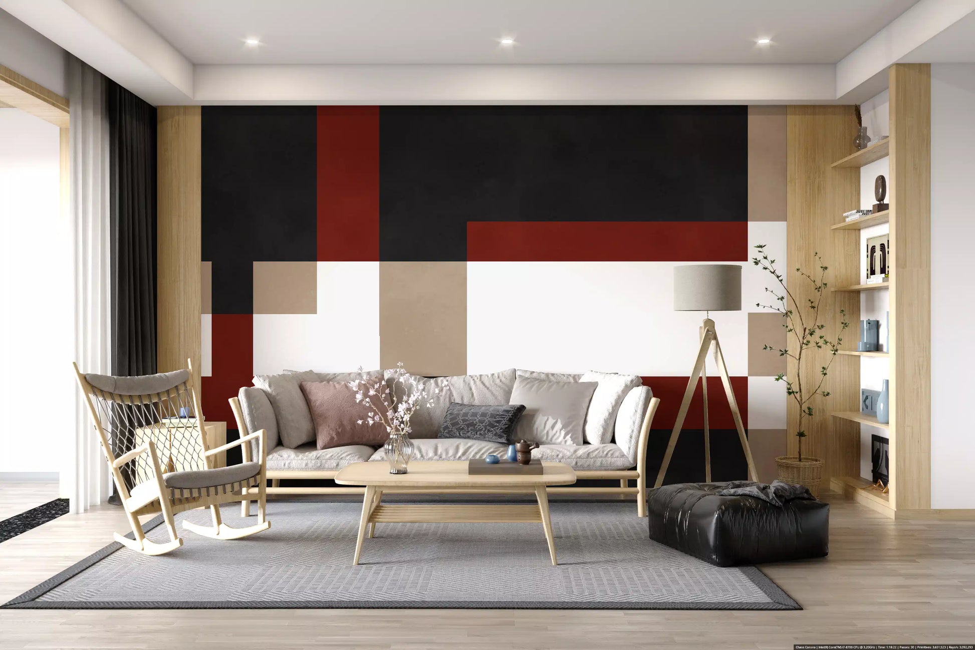 Living room Bold Block Fusion Wall Mural with beige blocks and white bands