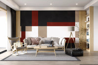 Living room Bold Block Fusion Wall Mural with beige blocks and white bands