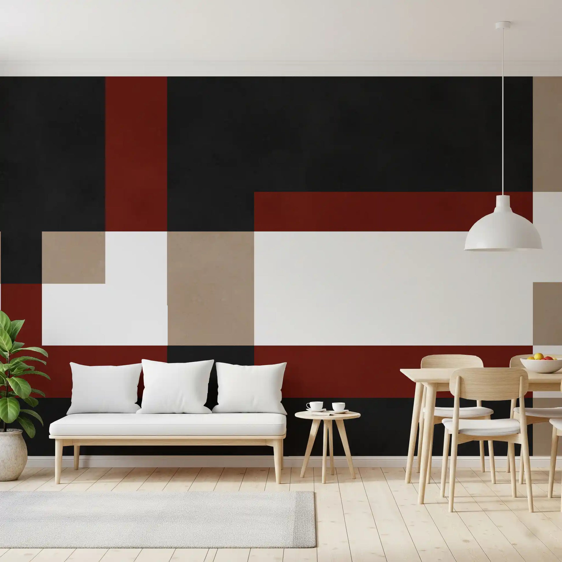 Dining area wall mural showing Bold Block Fusion geometric contrast design