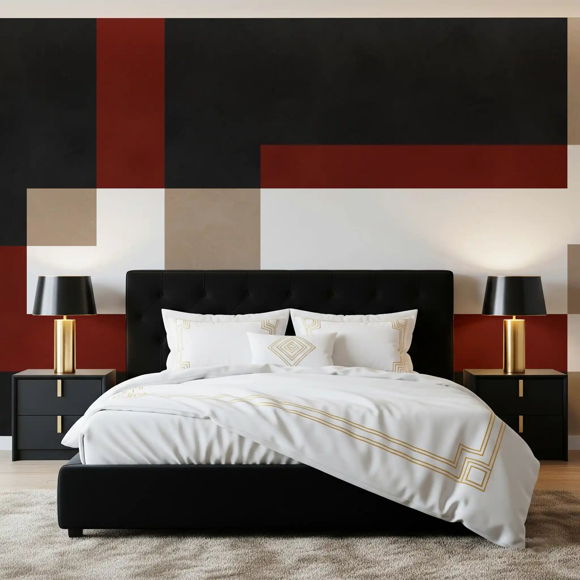 Abstract block wall mural with black fields and rust horizontal bands