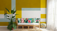 Modern block wall mural with warm golden sections and calm blue contrast