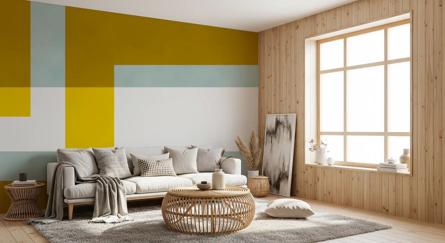 Living room Golden Overlap Abstract Wall Mural with modern linear balance