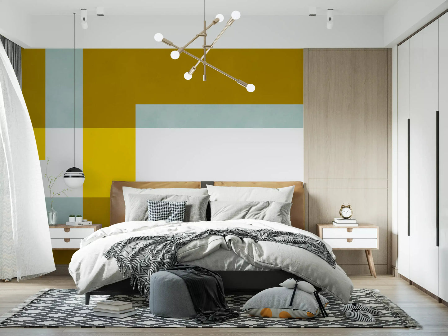 Bedroom wall mural showing Golden Overlap Abstract panels and white spacing