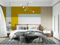 Bedroom wall mural showing Golden Overlap Abstract panels and white spacing