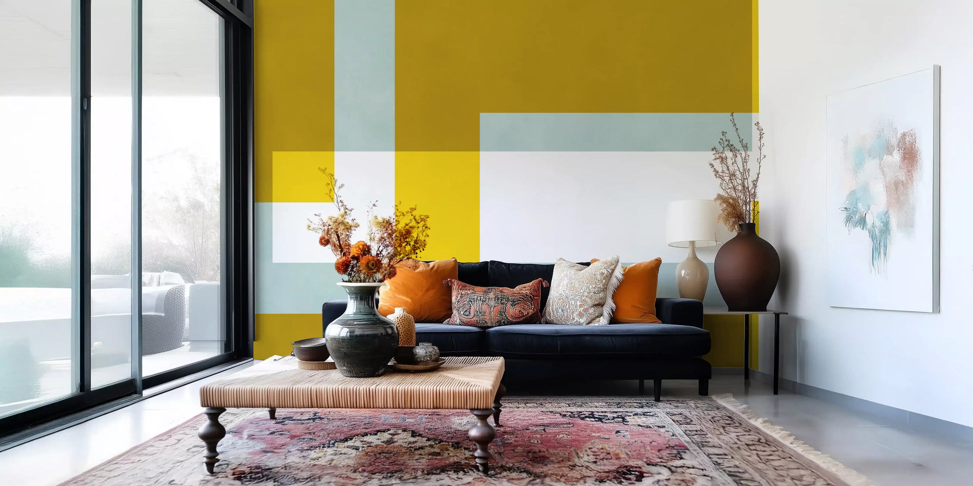 Hallway wall mural with golden blocks, pale blue bands, and crisp gaps