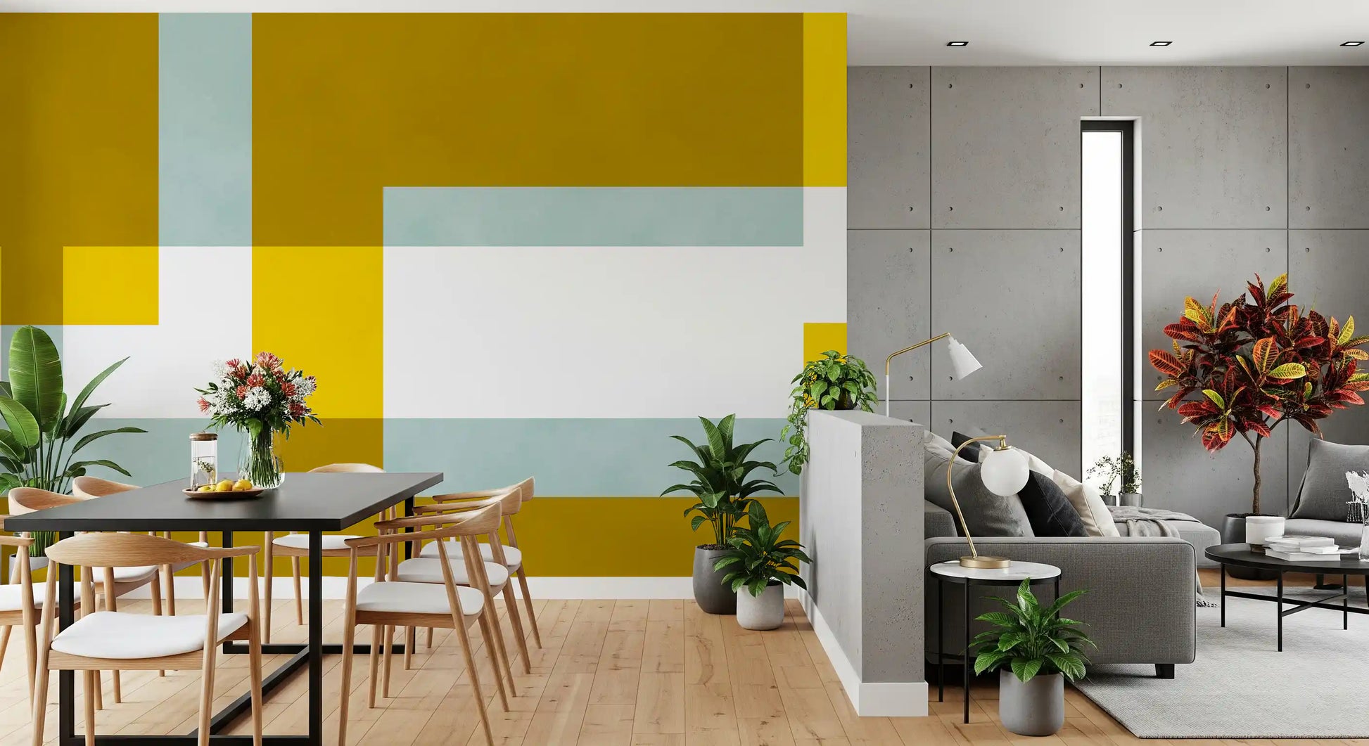 Golden Overlap Abstract Wall Mural featuring yellow fields and soft blue layers