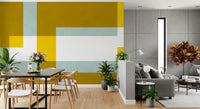 Golden Overlap Abstract Wall Mural featuring yellow fields and soft blue layers
