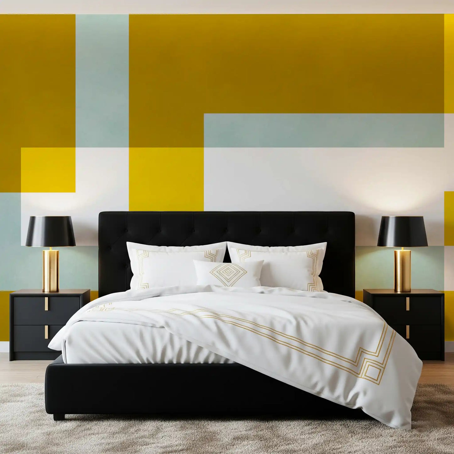 Layered geometric mural with yellow rectangles and cool blue transparent panels