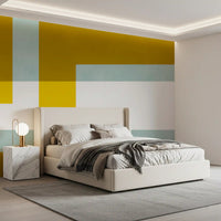 Golden abstract wall mural showing straight panels and bright white spacing