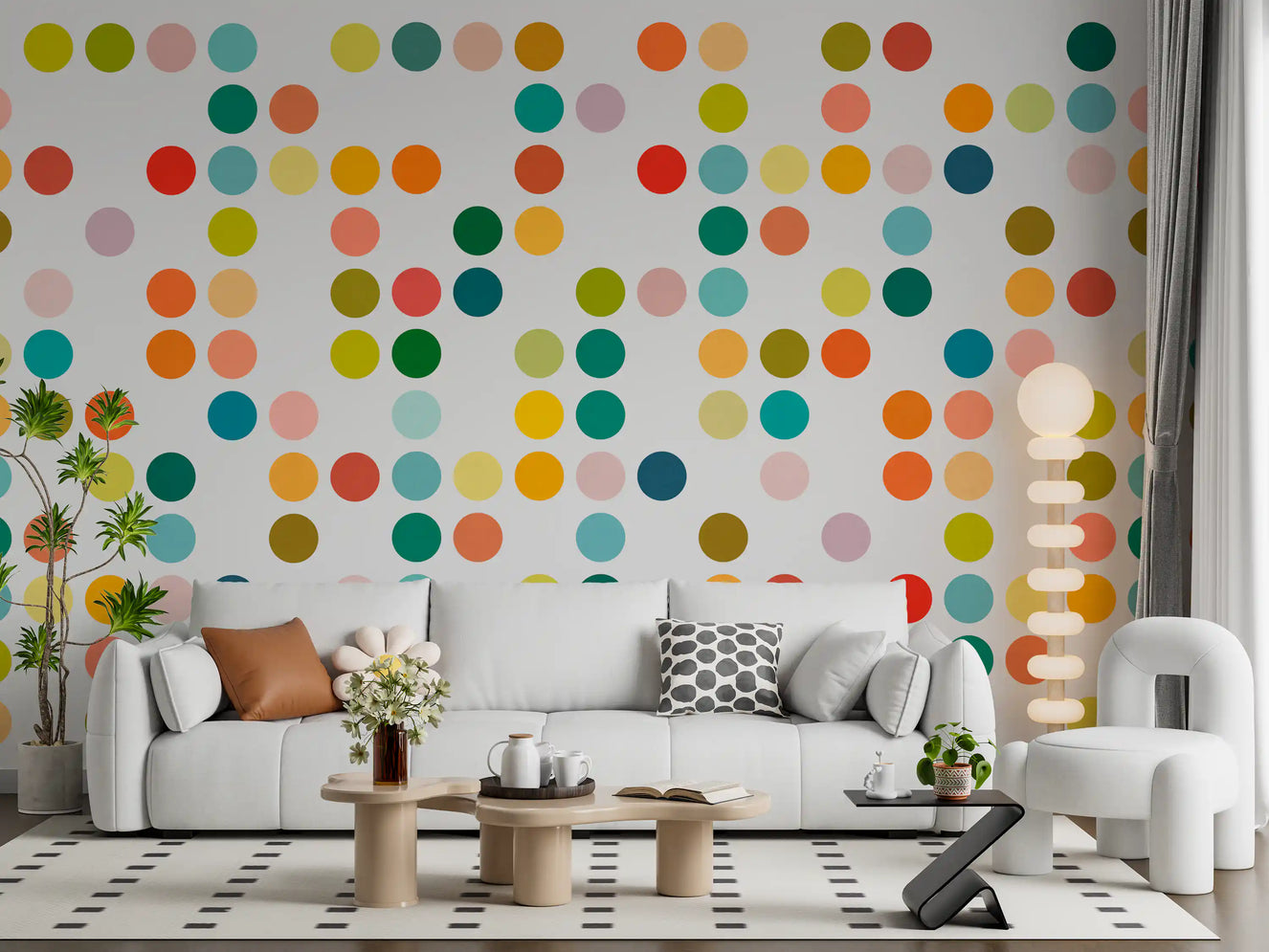 Living room Mid-Century Dot Medley wall mural with colorful retro circles