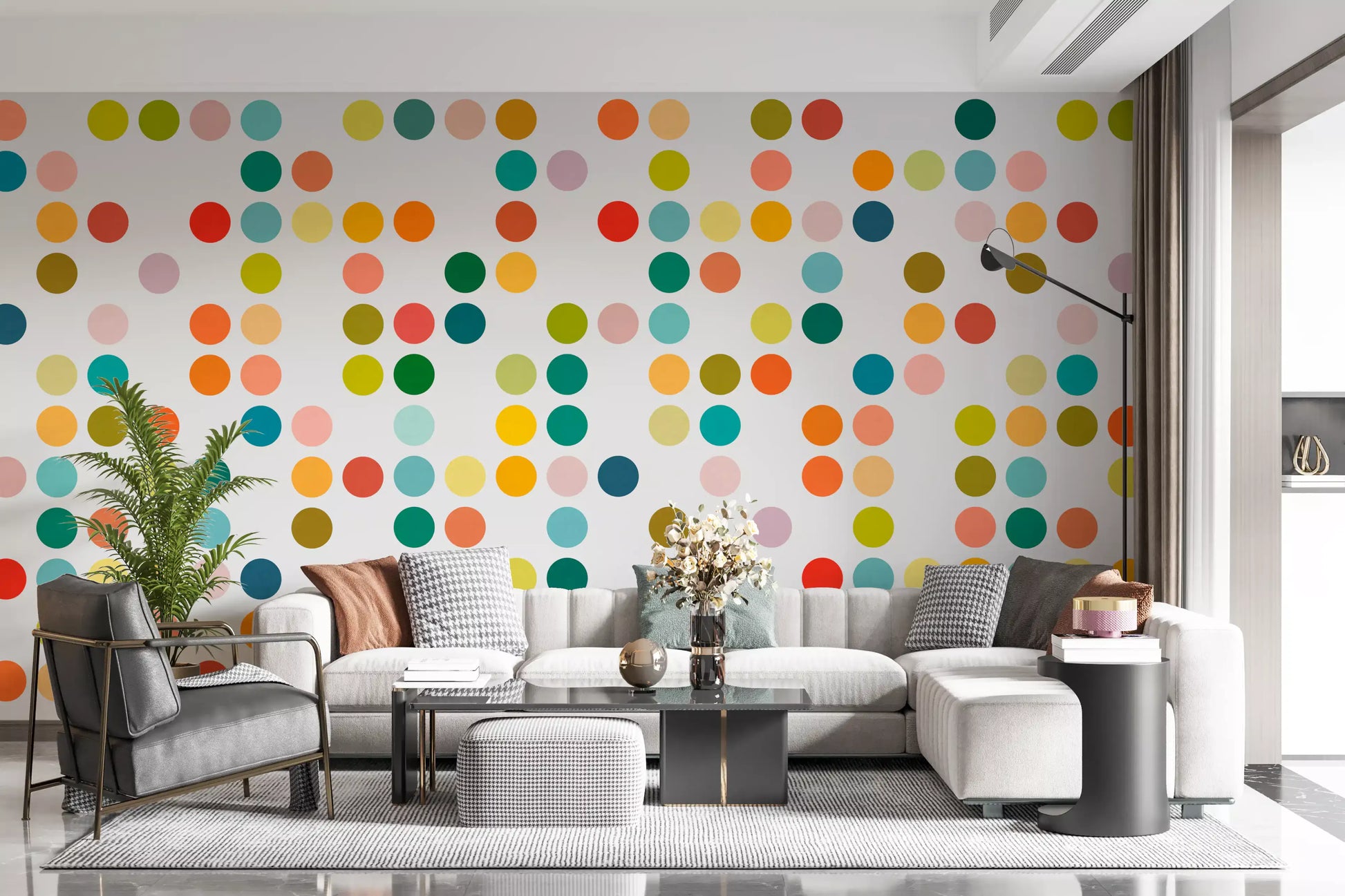 Dot Medley wall mural with aqua, yellow, coral, and green circles