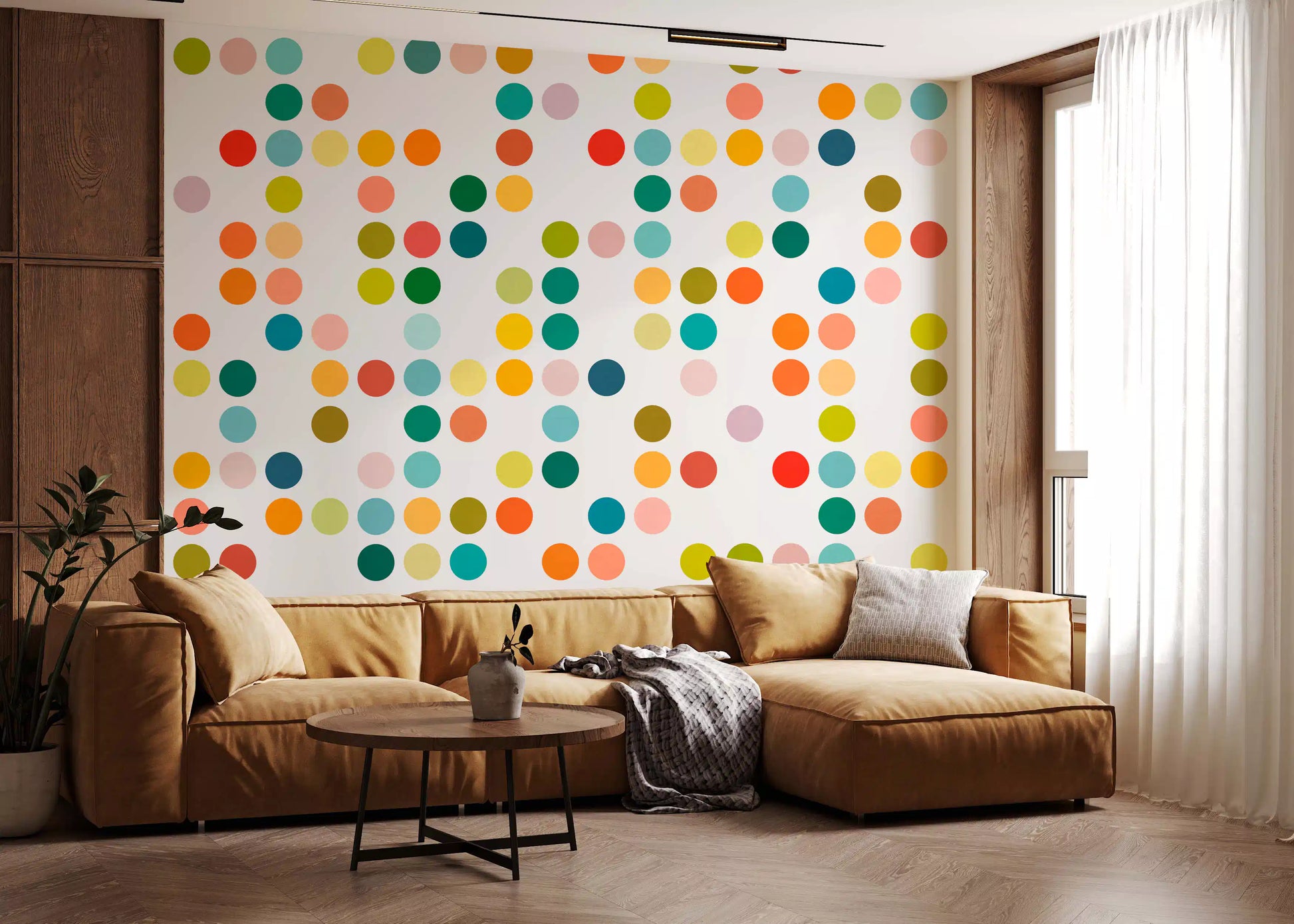 Colorful circle wall mural with Mid-Century Dot Medley visual rhythm