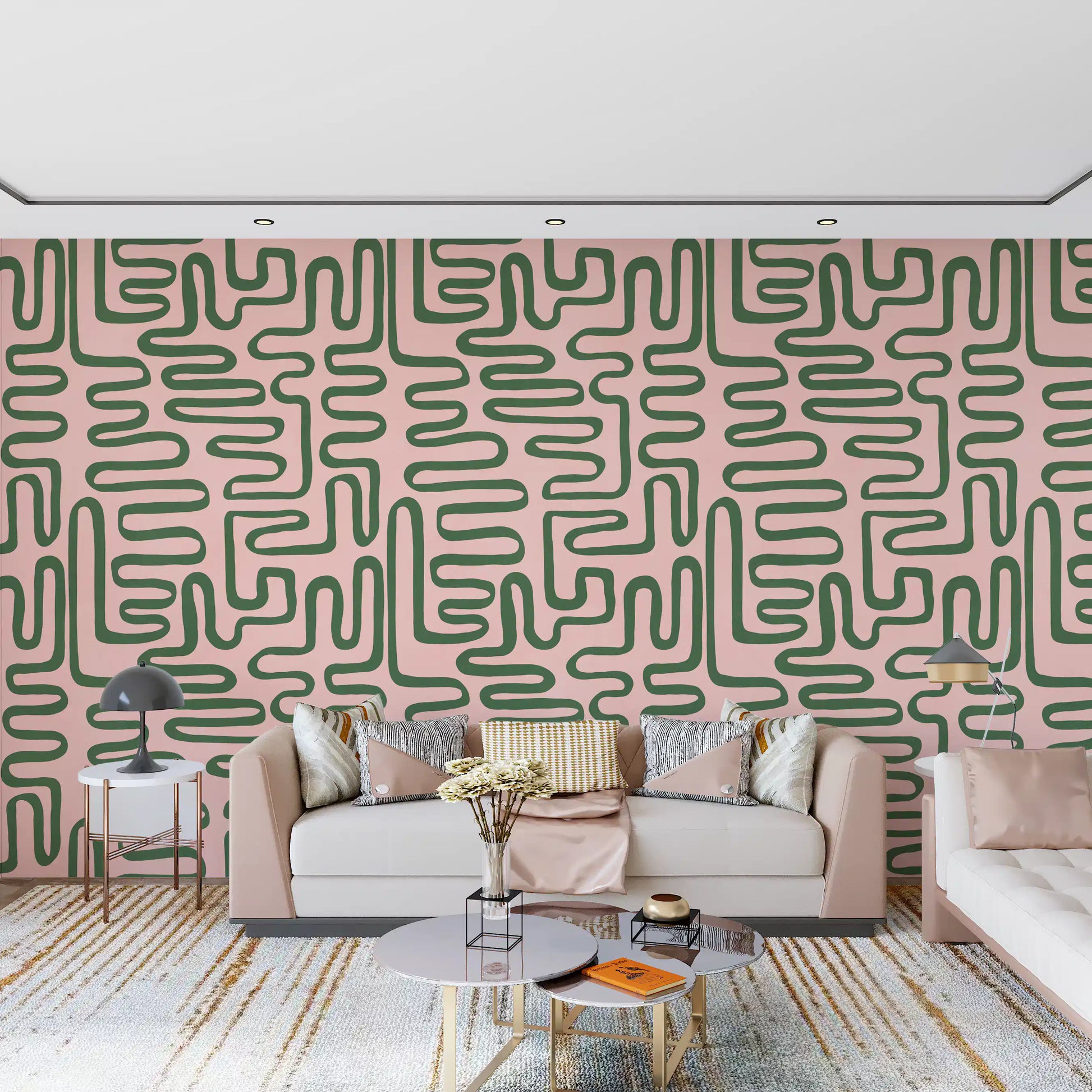 Soft Flow Maze Wall Mural featuring rounded green lines and pale pink space