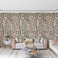 Soft Flow Maze Wall Mural featuring rounded green lines and pale pink space