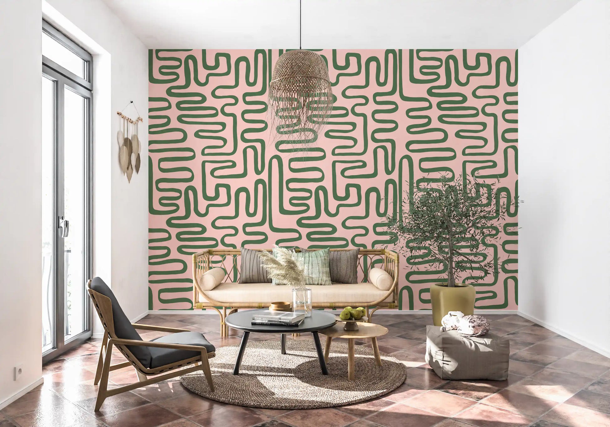 Maze pattern wall mural with sage green curves and smooth visual movement