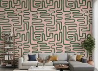 Living room Soft Flow Maze Wall Mural with sage green rounded line pattern