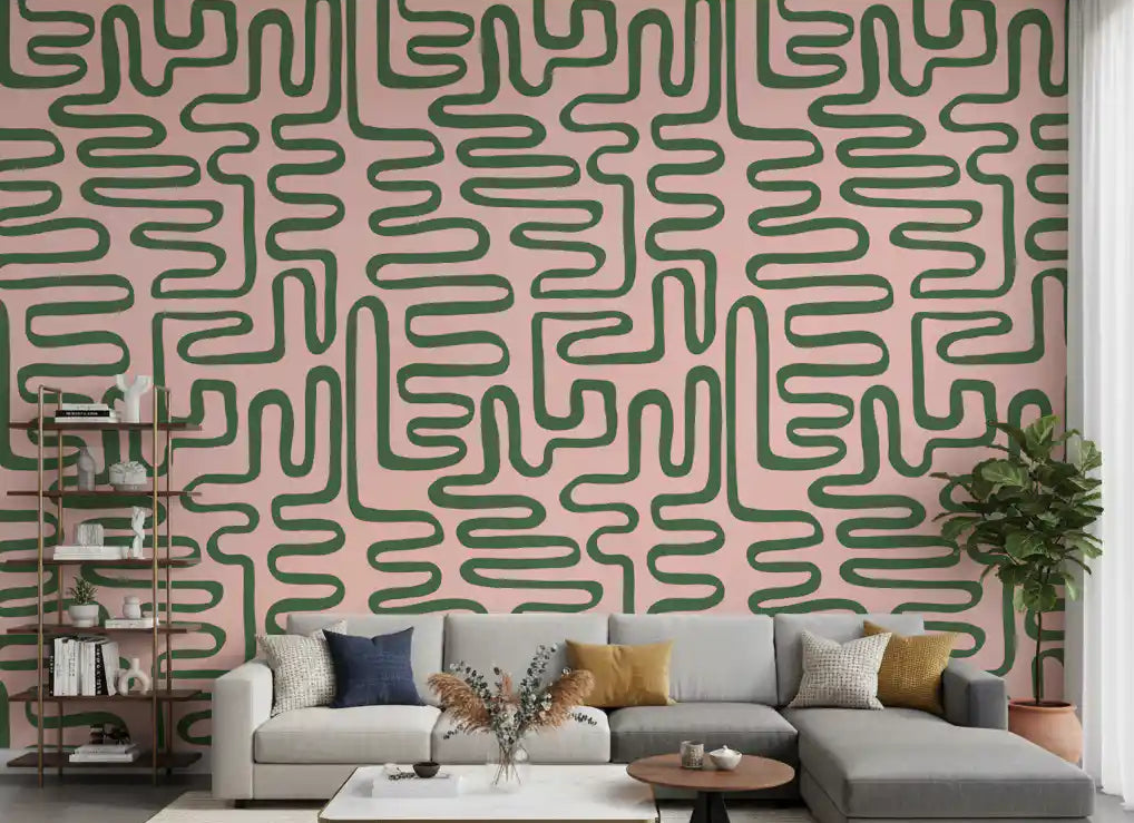 Living room Soft Flow Maze Wall Mural with sage green rounded line pattern