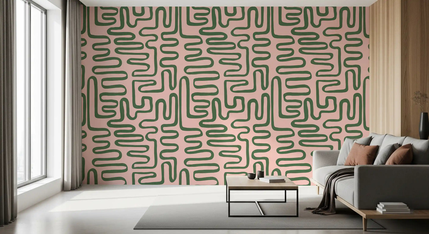 Living room wall mural with soft maze lines and calm blush background