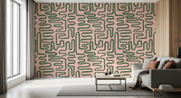 Living room wall mural with soft maze lines and calm blush background
