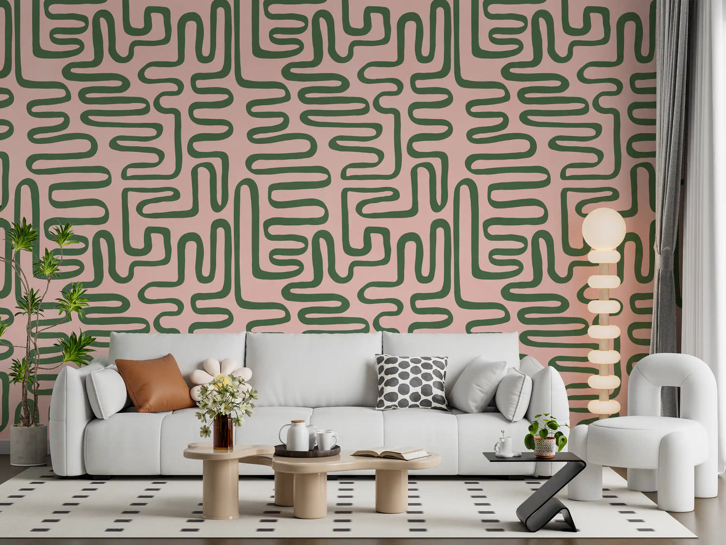 Living room wall mural showing Soft Flow Maze design on a blush backing