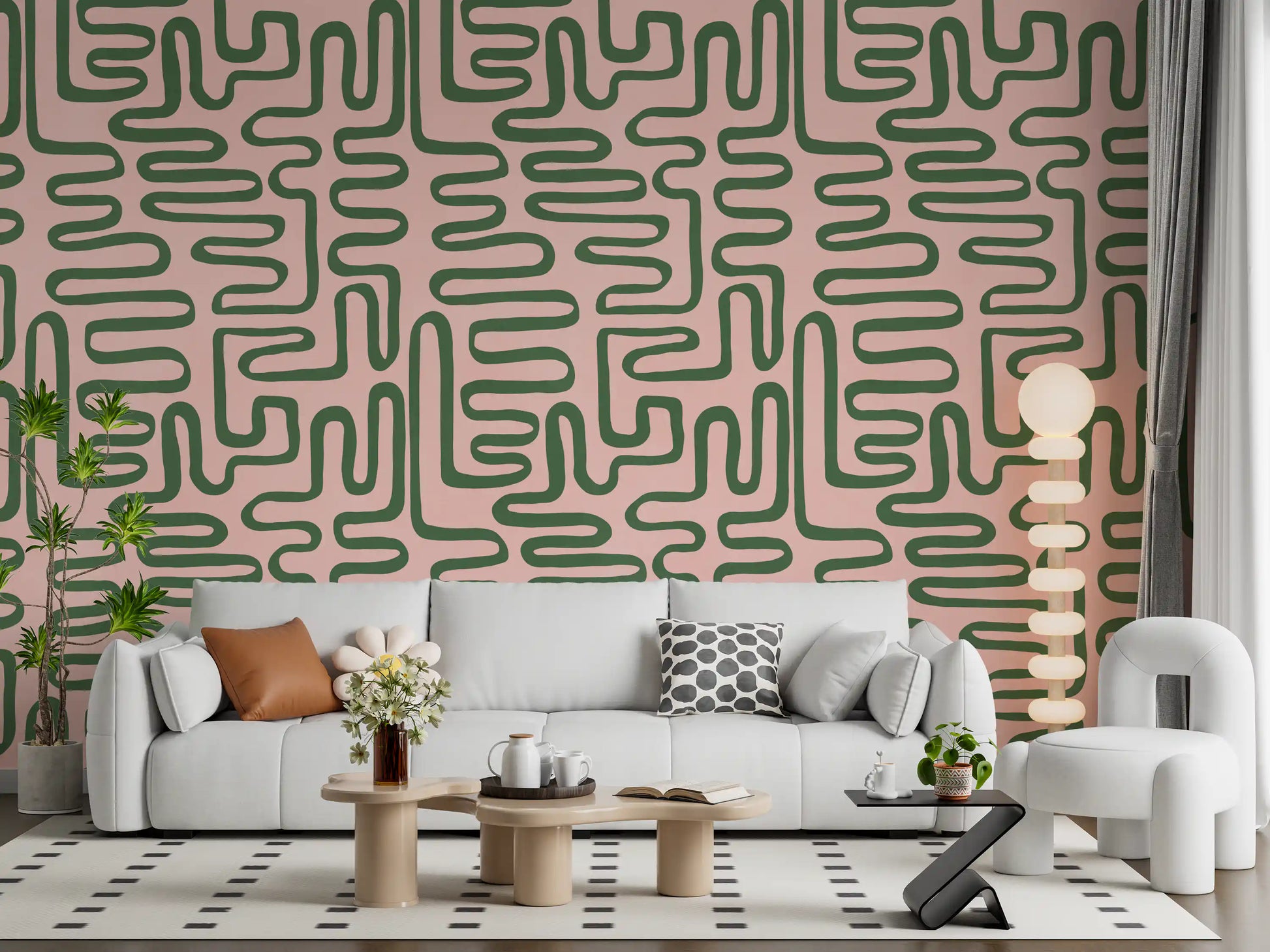Living room wall mural showing Soft Flow Maze design on a blush backing