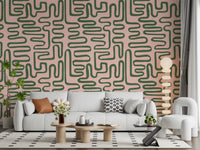 Living room wall mural showing Soft Flow Maze design on a blush backing