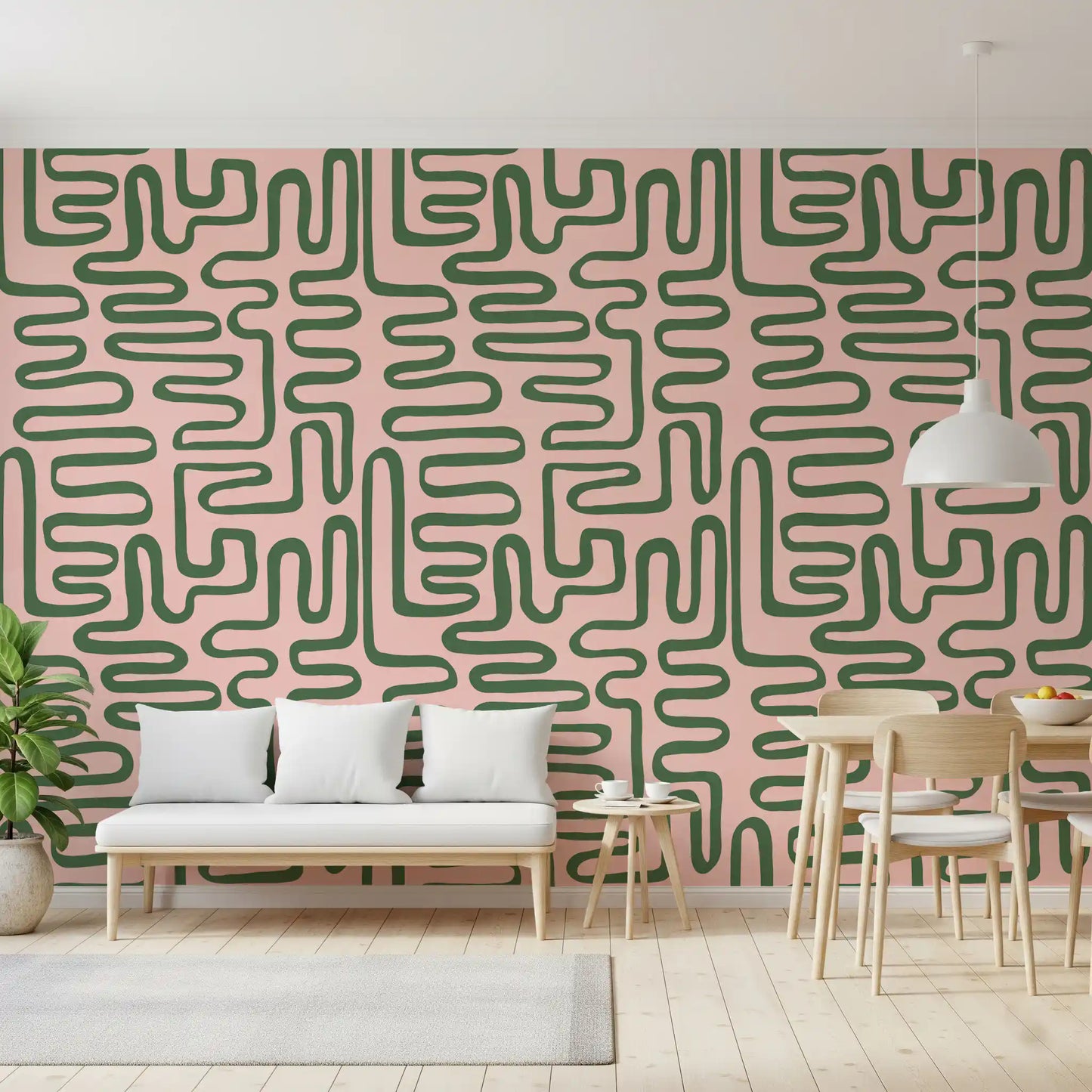 Curved line wall mural with soft blush backing and sage green pattern flow