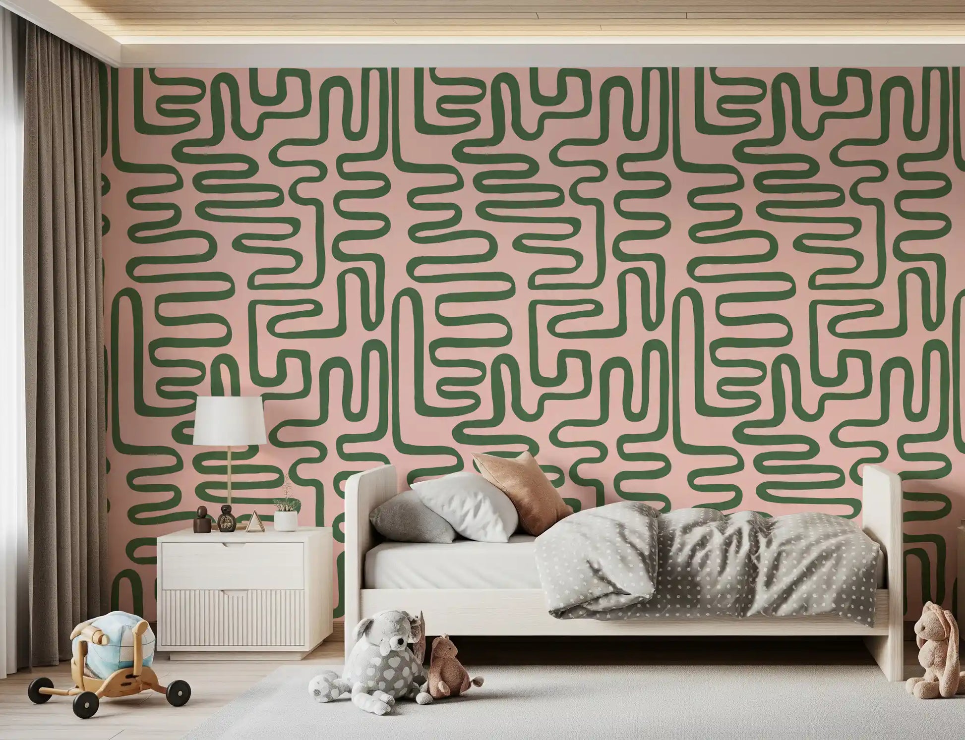 Abstract maze wall mural with rounded pathways and clean modern structure