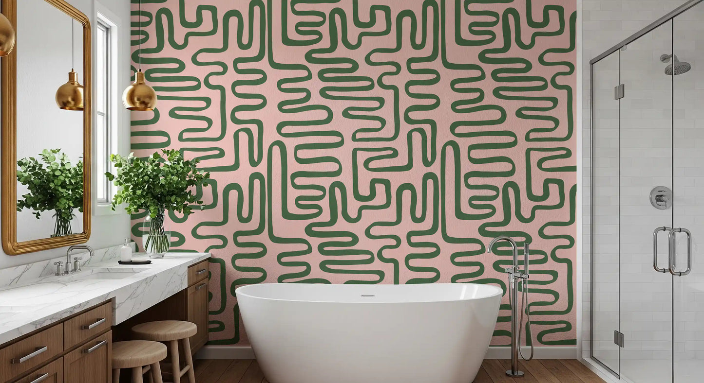 Bathroom Soft Flow Maze Wall Mural with repeating curved green pathways