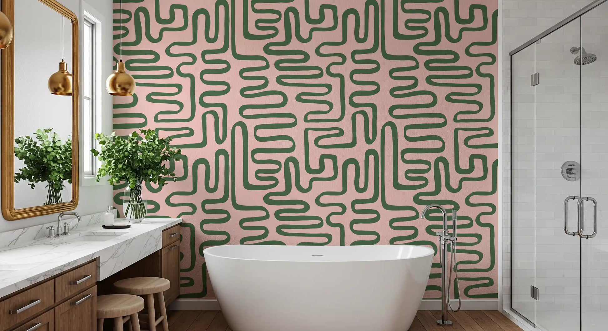 Bathroom Soft Flow Maze Wall Mural with repeating curved green pathways