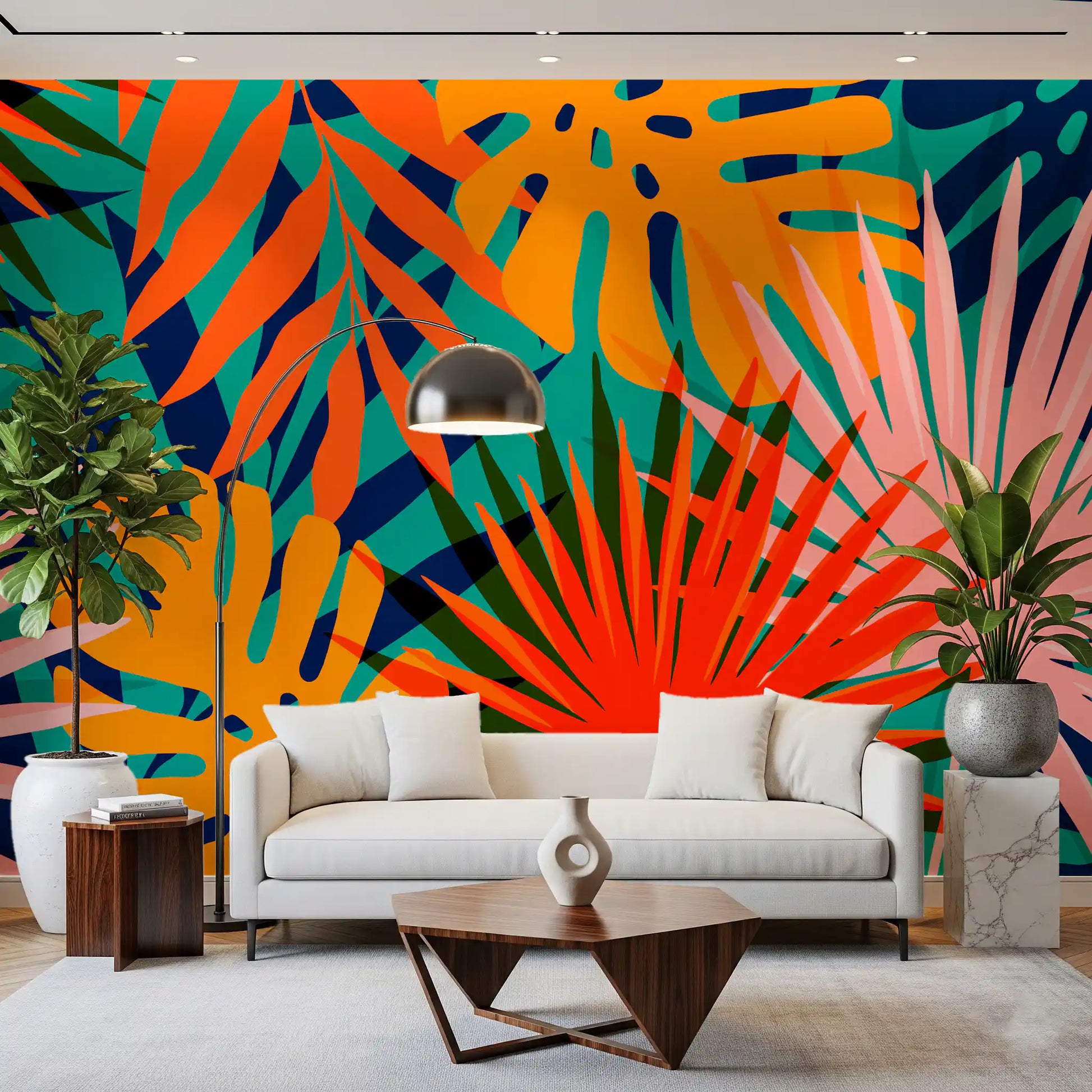 Office area Tropical Pattern Wall Mural showing layered jungle leaf shapes