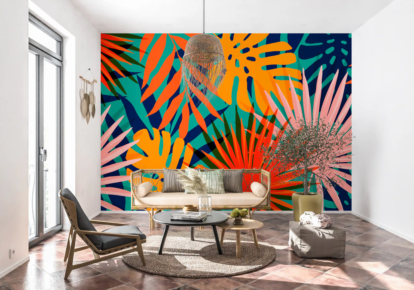 Office room Tropical Pattern Wall Mural with playful leaf pattern design