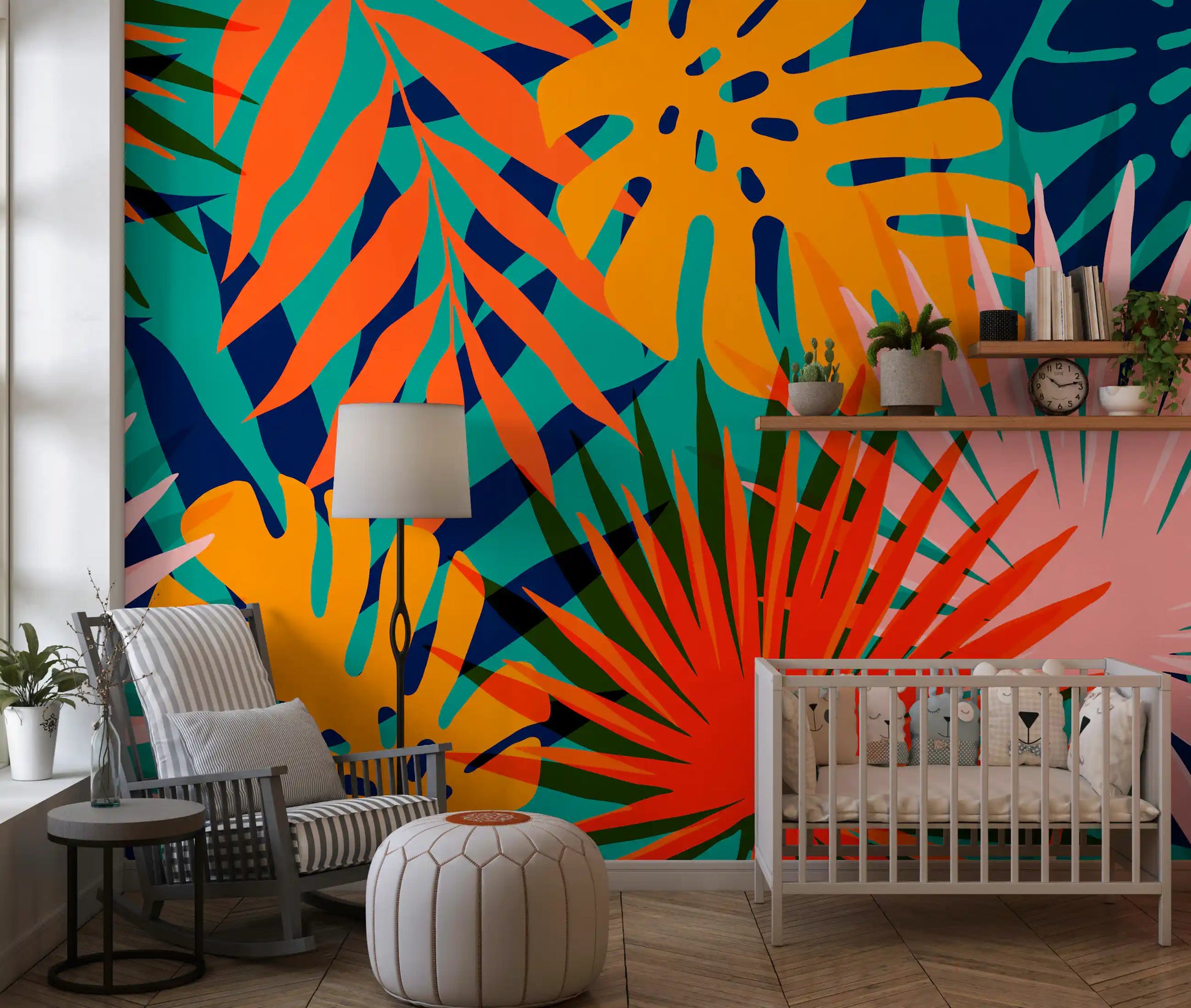 Jungle leaf wall mural featuring pink, coral, and teal tropical shapes