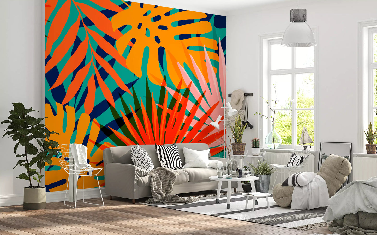 Living room Tropical Pattern Wall Mural with bold coral and blue leaves