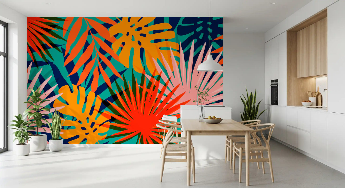 Colorful Tropical Pattern Wall Mural with layered botanical cutout forms