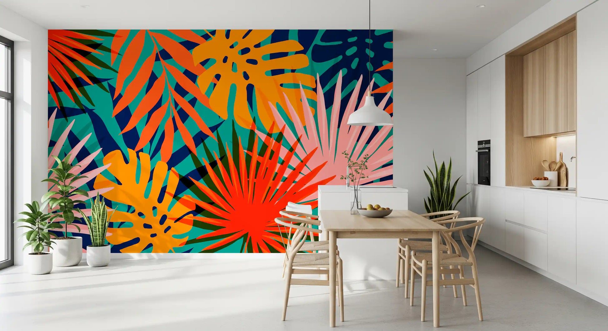Colorful Tropical Pattern Wall Mural with layered botanical cutout forms