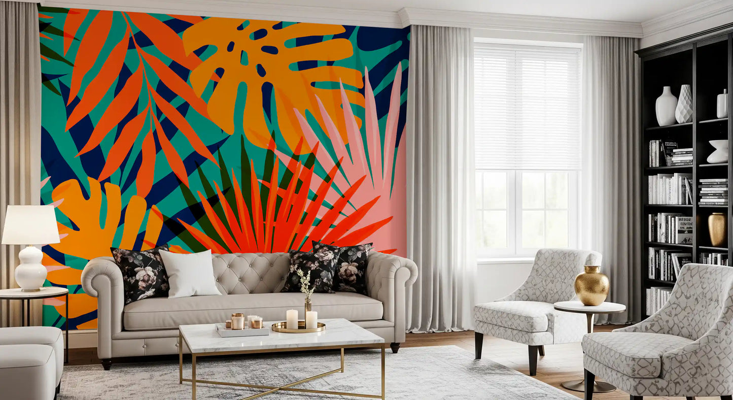 Hallway Tropical Pattern Wall Mural with bright tropical foliage artwork