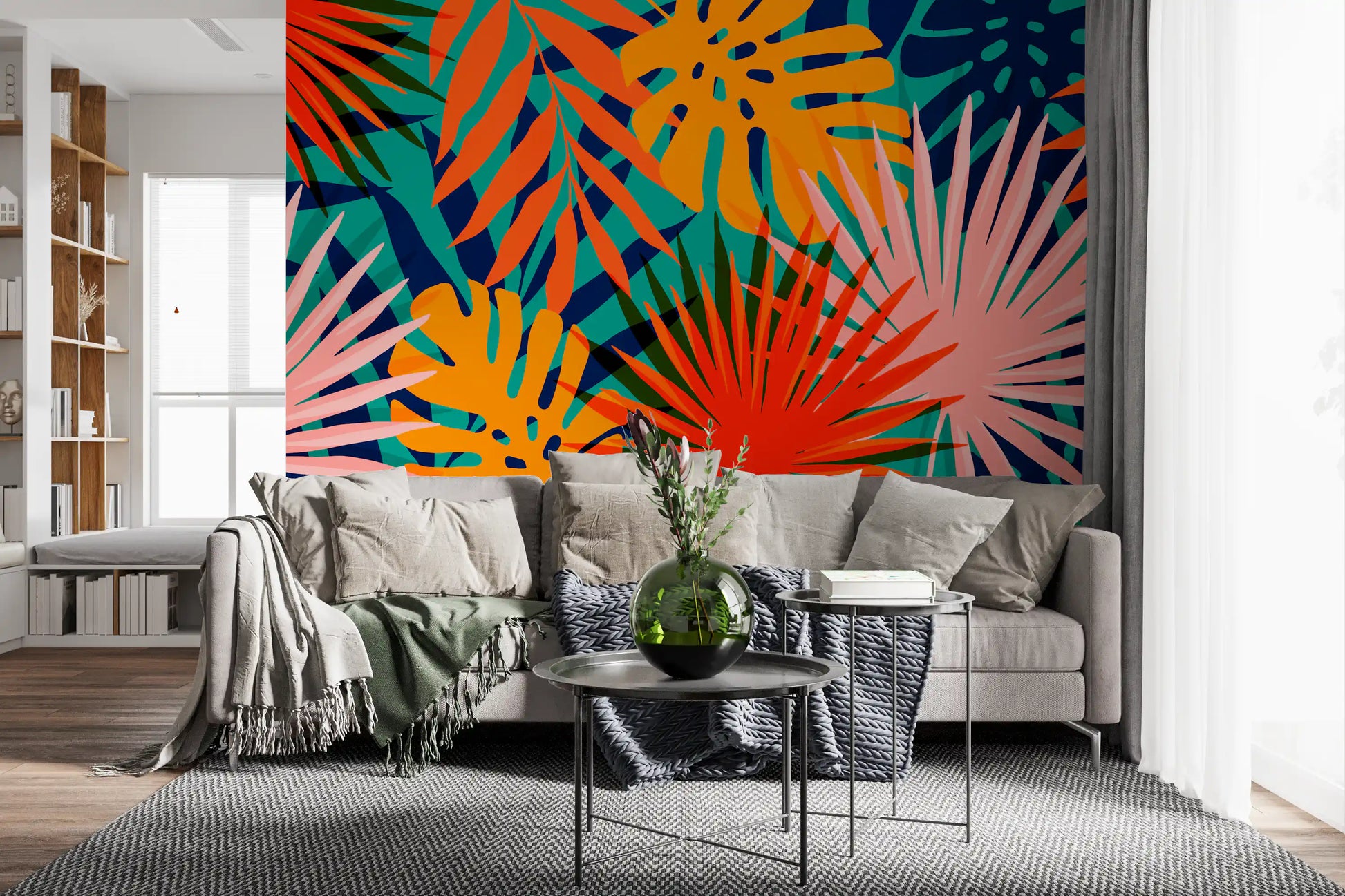 Bold tropical leaf wall mural with bright blue and orange organic shapes