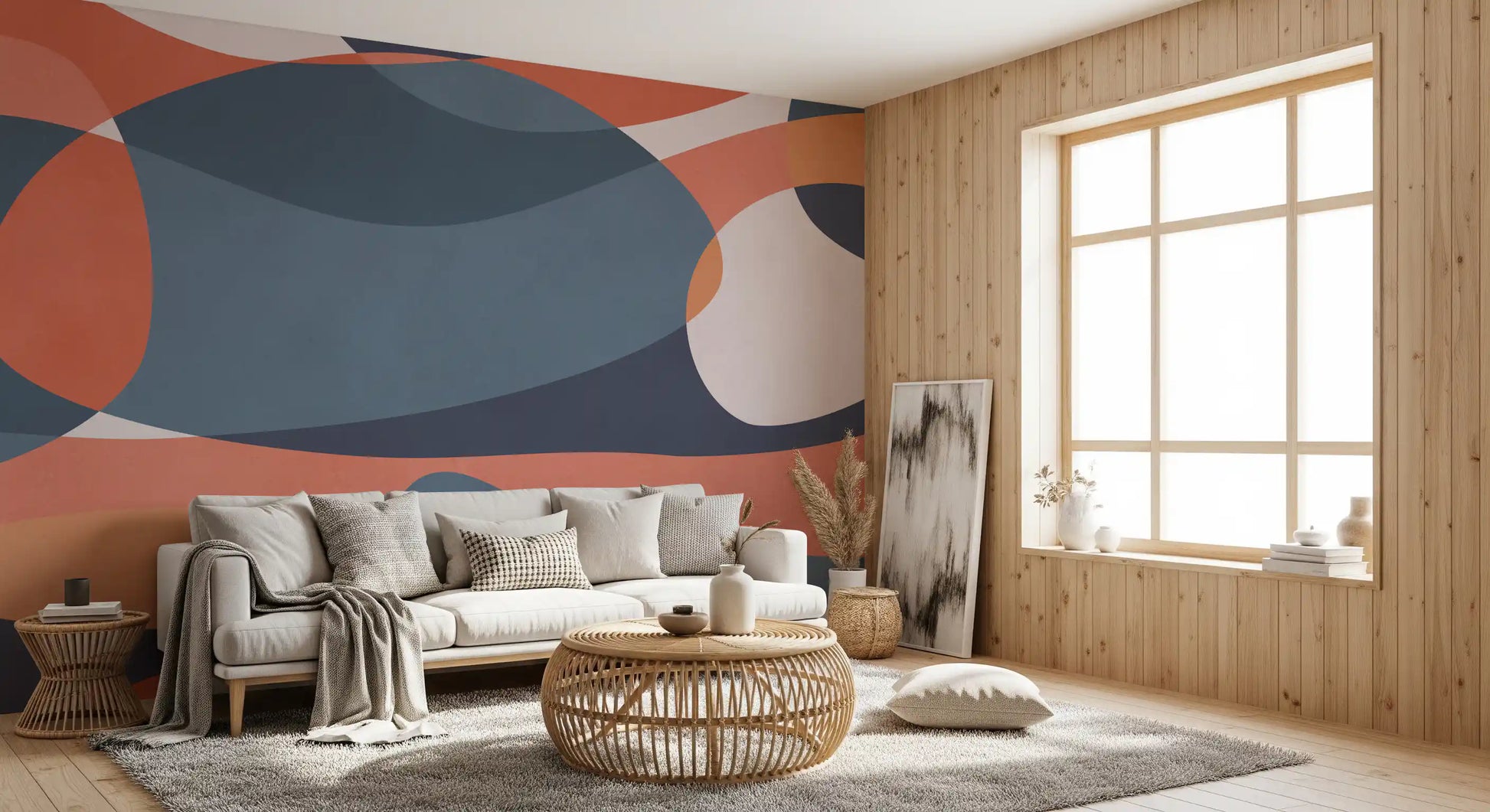 Abstract geometry mural with clay tones, cream gaps, and curved visual rhythm