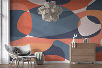 Hallway wall mural with earthy geometry, green forms, and clay accents