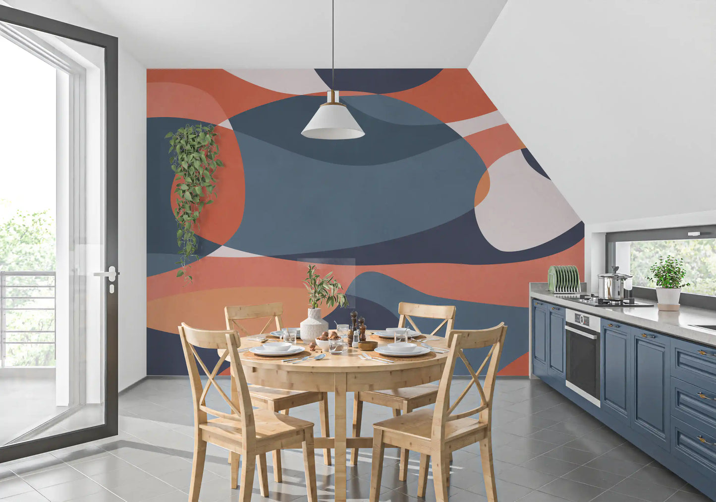 Modernist wall mural showing rounded forms, tan overlays, and deep green panels