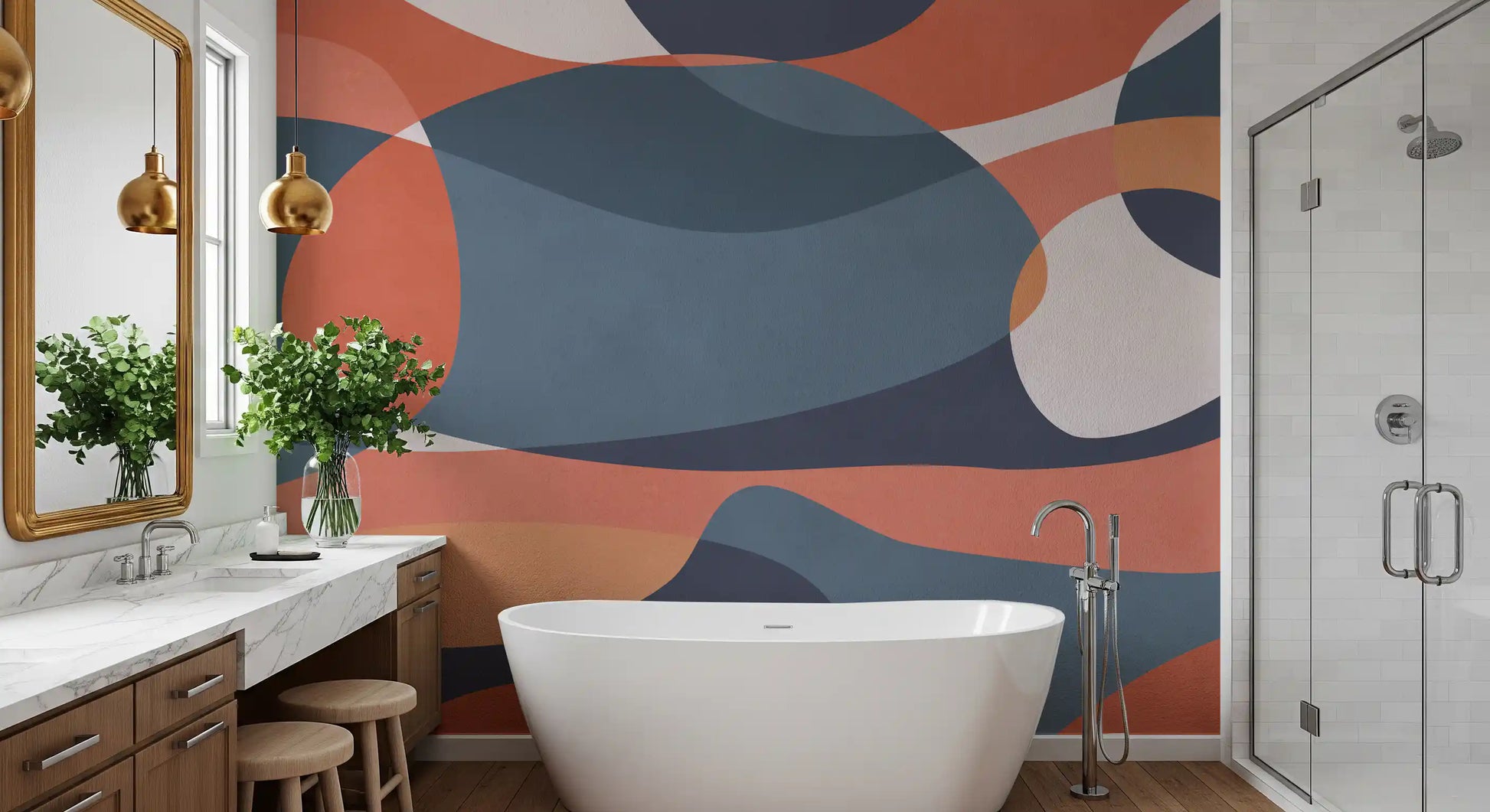 Bathroom wall mural showing Modernist Earthy Geometry in rust and tan tones