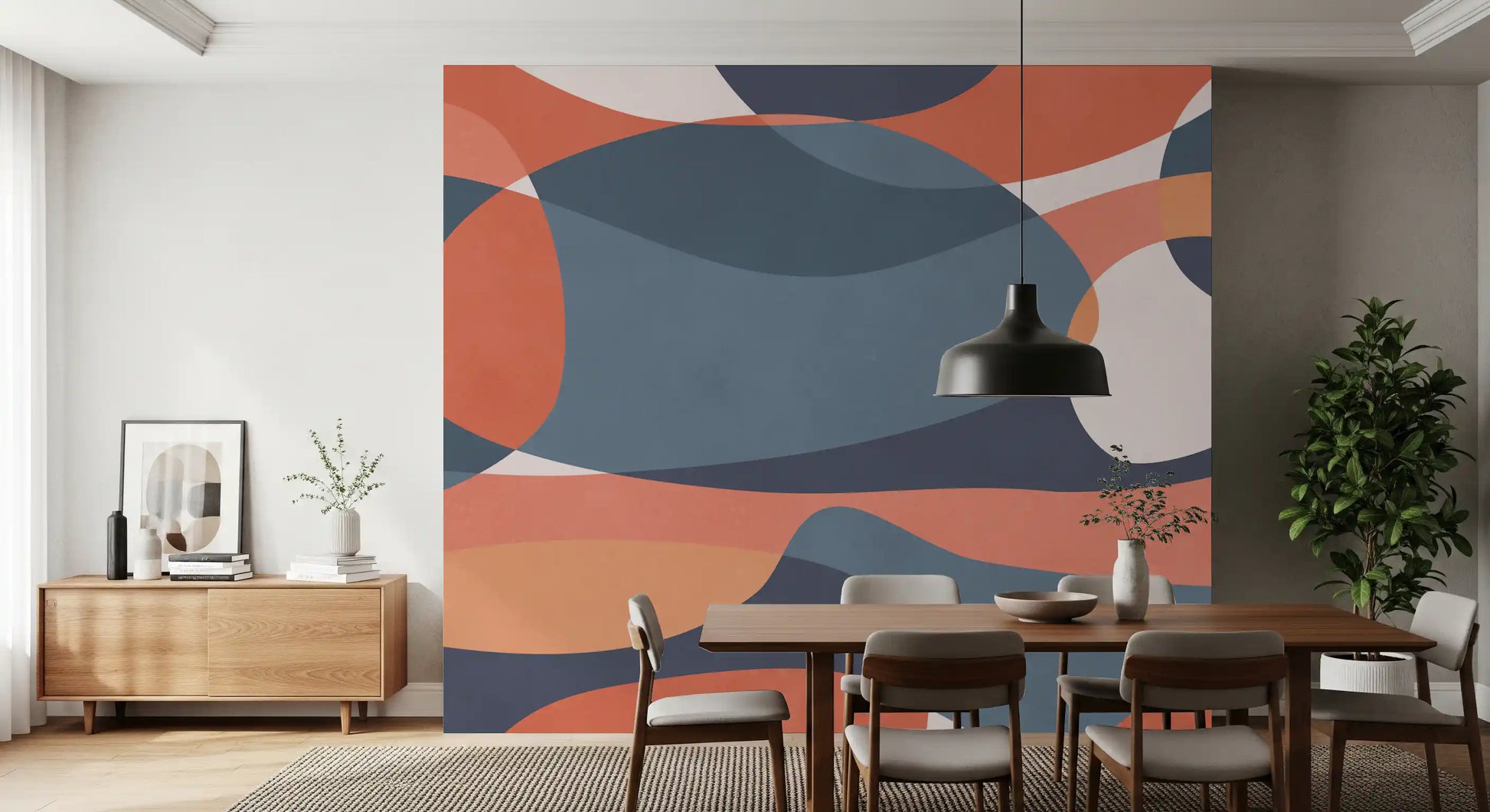 Dining room Modernist Earthy Geometry mural with curved panels and white space