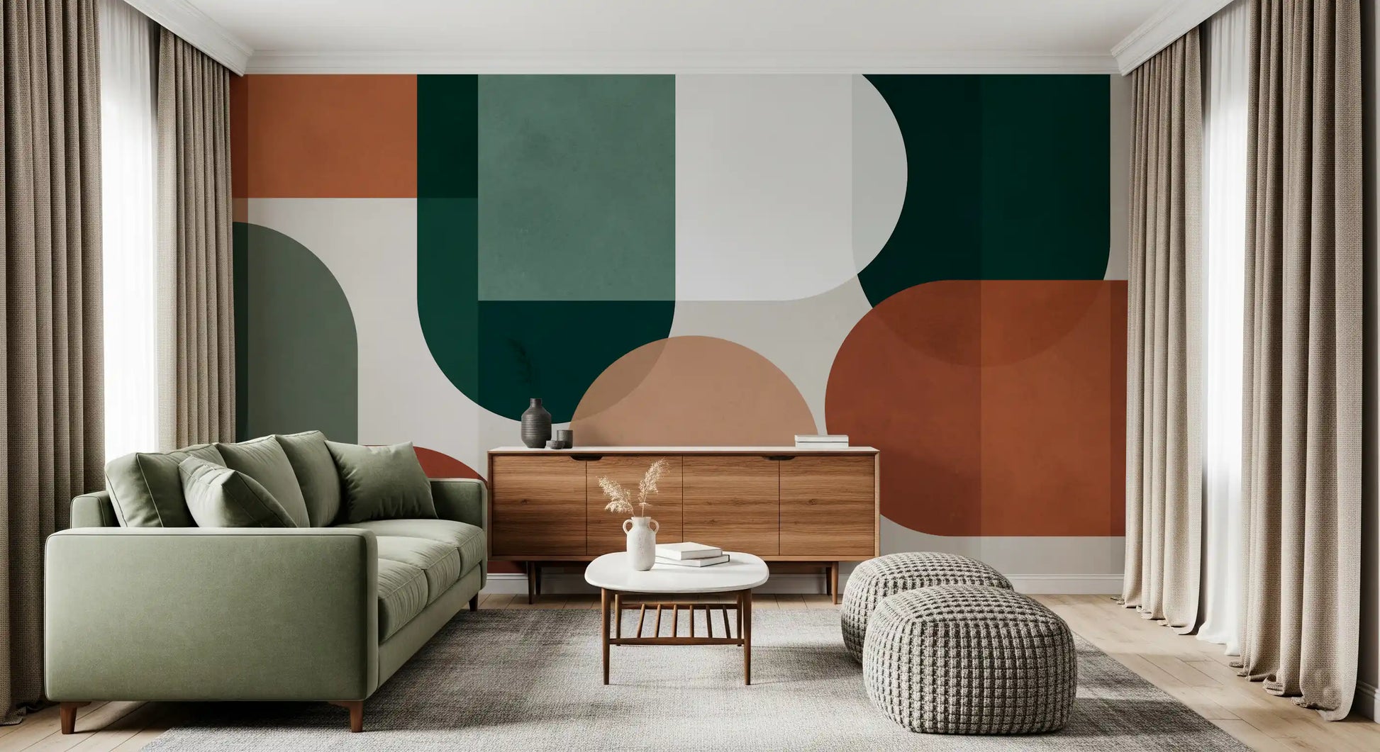 Earthy modern wall mural featuring soft rectangles and calm neutral balance