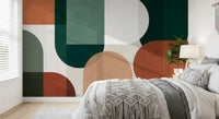 Abstract geometry mural with clay tones, cream gaps, and curved visual rhythm